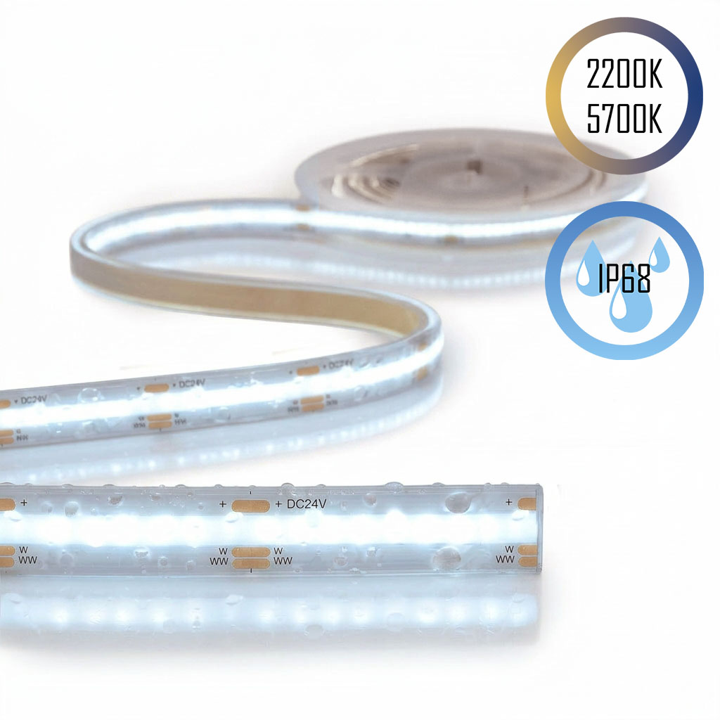 COB LED-Streifen CCT, 2200K-5700K, 24V, 14W, CRI90, 608LED, IP68, 12.5mm